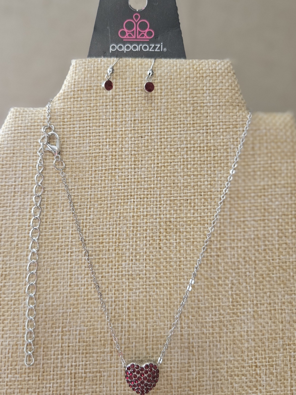 paparazzi Silver Chain Necklace with Red Crystal Heart Pendant & Matching Studs